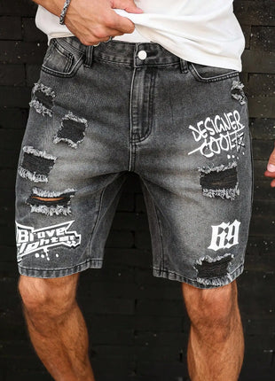 Pantaloncini effetto consumato da uomo all'ingrosso, jeans alla moda, stile casual estivo, vita media, colore chiaro, tessuto