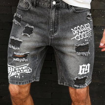 Pantaloncini effetto consumato da uomo all'ingrosso, jeans alla moda, stile casual estivo, vita media, colore chiaro, tessuto