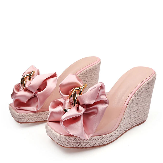 Liyke New Wedge Slippers For Women 2026 Summer Fashion Pink Butterfly-knot Designer Platform Sandals Heels Size 46 Female Shoes