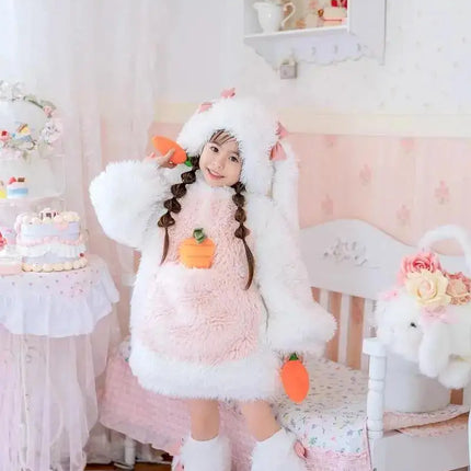 Cartoon Children Plush Rabbit Cosplay Costume Kawaii Kids Winter Warm Sets Top Pants Hat Suit Girl Halloween Party Outfits Gift