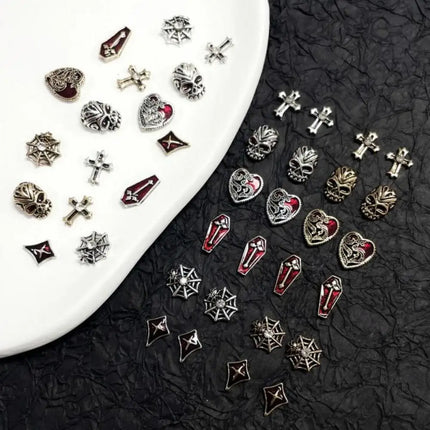 20PCS Alloy Dark Gothic Style Cross Skull Nail Art Decoration Punk Spider Web Coffin Nail Charm Accessories for DIY Crafts
