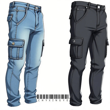 Men's street elastic workwear jeans washed solid color multi pocket casual mid waist pants slim fit daily wear jogging pants PlatiNum