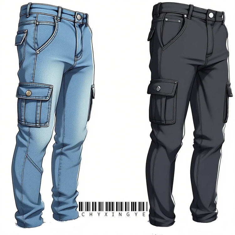 Men's street elastic workwear jeans washed solid color multi pocket casual mid waist pants slim fit daily wear jogging pants PlatiNum
