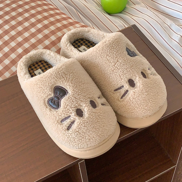 Cute Cat Winter Warm Slippers Women Men Fluffy Plush Home Shoes Red Bowknot Plaid Lining Indoor Bedroom Cotton Slides Mules New