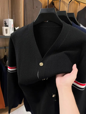 High-end Brand Men's Knitted Cardigan Autumn Fashion Classic color blocked Striped Korean Design Warm Shawl Casual sweater coat