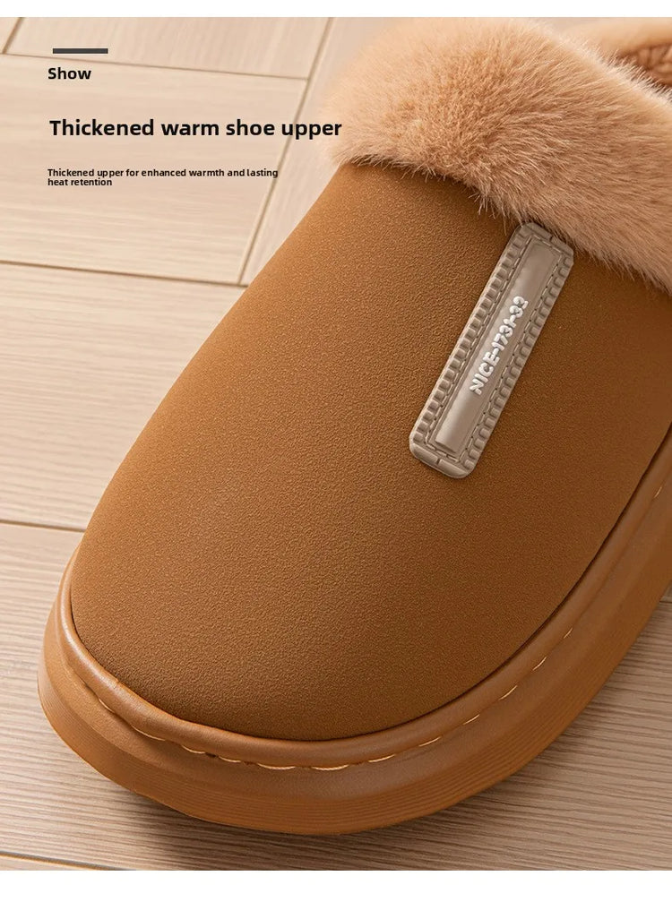 2026 New Large Size Mens Winter Cotton Slippers Thickened Non Slip Sole Indoor Home PU Plush Warm Slippers for Men