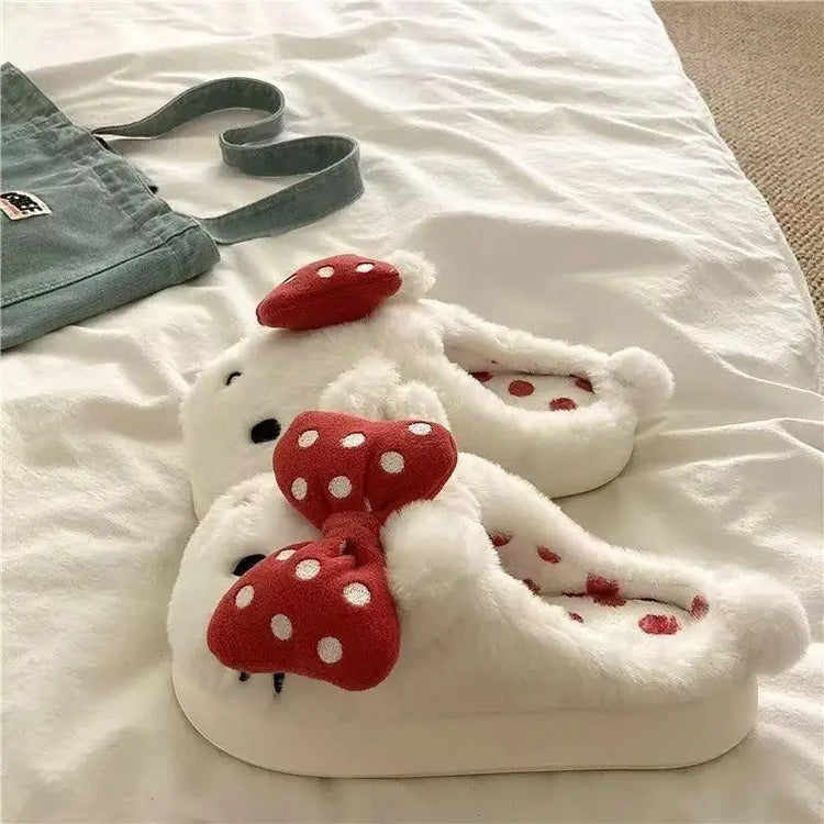 Hello Kitty Women Cute Cartoon Cat Plush Slippe Polka Dot Bow Fluffy Closed Back House Shoes Winter Warm Non Slip Soft Cozy