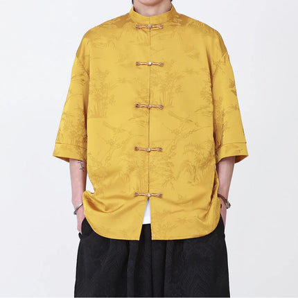 Camicie Estive da Uomo di Lusso in Jacquard Traspirante a Maniche Corte, Stile Cinese Tradizionale Kung Fu Tai Chi, Camicia Casual da Uomo