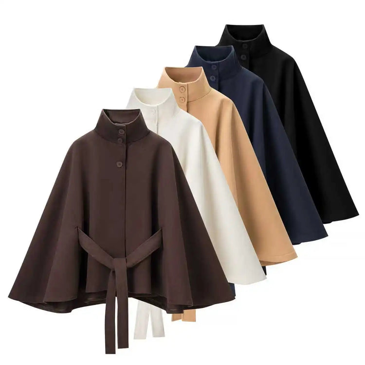 5 Colors New Autumn High Collar Woolen Cape Coat Tie Bow Sashes Long Bat Sleeve Front Buttons Cloak Shawl Jacket Loose Outerwear