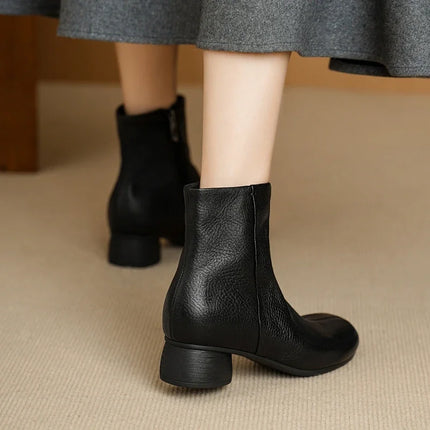Women's Shoes Sheepskin Round Toe Side Zip 2027 Autumn Ankle Boots 4.5cm Thick Med Heel High Quality Soft Casual Short Booties