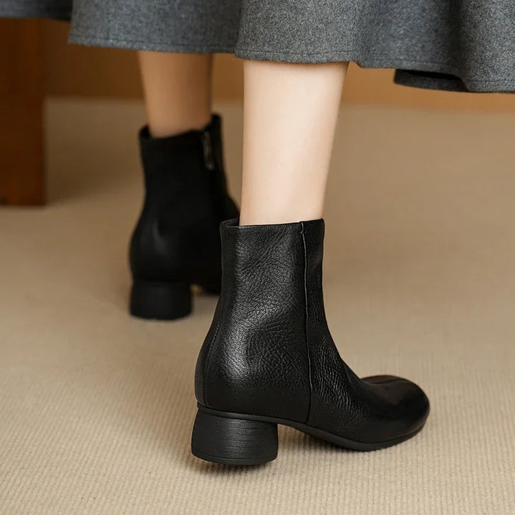 Women's Shoes Sheepskin Round Toe Side Zip 2027 Autumn Ankle Boots 4.5cm Thick Med Heel High Quality Soft Casual Short Booties