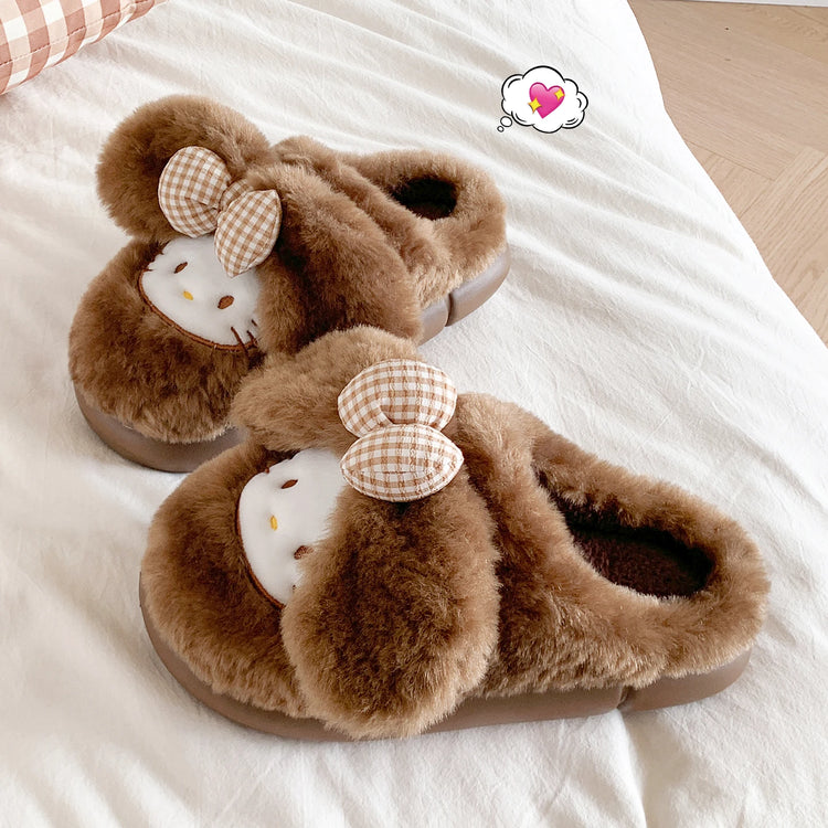 2026 Cute Bow Cat Cartoon Plush Slippers Women Men Winter Warm Thick Sole House Shoes Indoor Fuzzy Comfortable Soft Home Slides