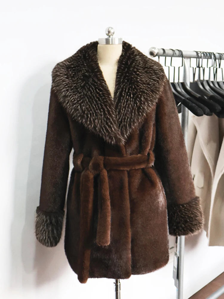 ZADORIN Luxury Long Mink Coat Faux Raccoon Fur Collar Warm Black Fur Coat Woman Elegant Belted Faux Fur Jacket Winter Outerwears
