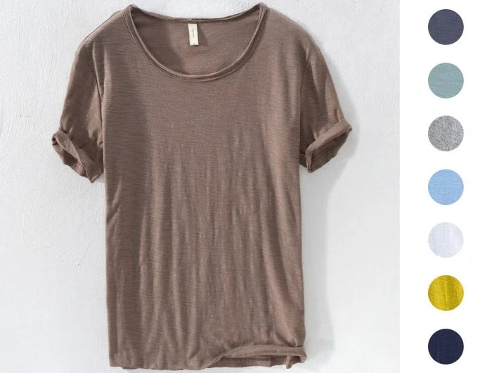 Retro Raw Edge T-Shirt for Men, 100% Cotton, Lightweight,Breathable,Slim-fit, Monochromatic, O-Neck, Casual Basic Top PlatiNum