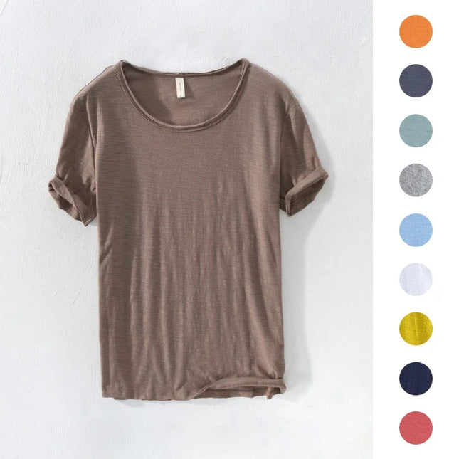Retro Raw Edge T-Shirt for Men, 100% Cotton, Lightweight,Breathable,Slim-fit, Monochromatic, O-Neck, Casual Basic Top PlatiNum