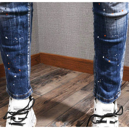 Fashion Streetwear Men Jeans Retro Black Blue Elastic Slim Fit Ripped Jeans Men Spliced Designer Embroidery Hip Hop Denim Pants PlatiNum