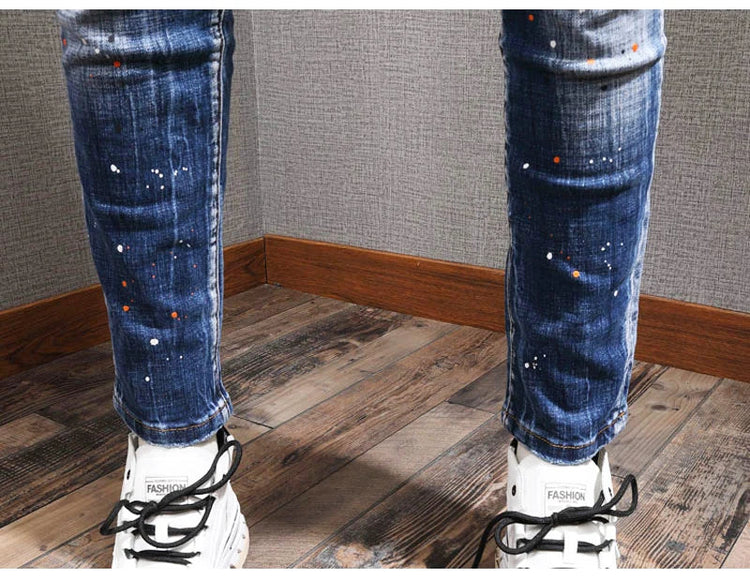 Fashion Streetwear Men Jeans Retro Black Blue Elastic Slim Fit Ripped Jeans Men Spliced Designer Embroidery Hip Hop Denim Pants PlatiNum
