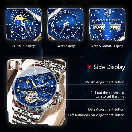 POEDAGAR Top Orologio da uomo originale Orologio meccanico automatico da uomo in acciaio inossidabile Calendario Hollow Tourbillon Orologio da uomo Maschio + scatola platinumshop