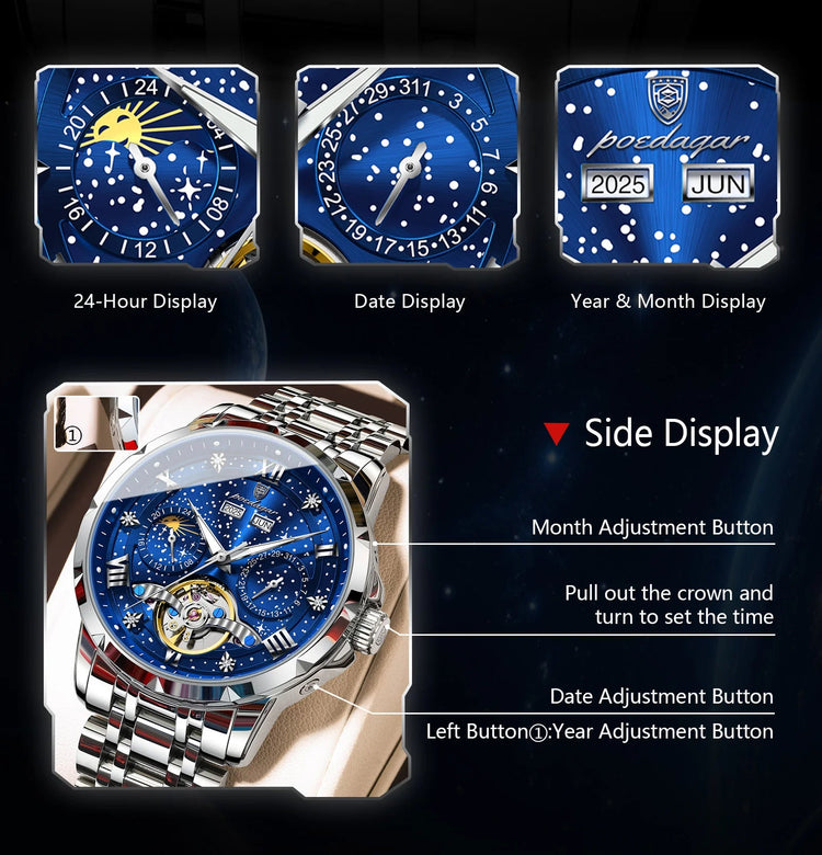 POEDAGAR Top Orologio da uomo originale Orologio meccanico automatico da uomo in acciaio inossidabile Calendario Hollow Tourbillon Orologio da uomo Maschio + scatola platinumshop