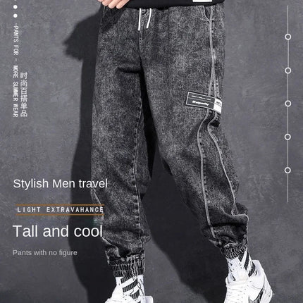 Loose Elastic Waist Denim Jeans for Men 2024 Fashion Casual Spring Workwear Foot-Tied Pants with Brand Workwear Baggy Trousers PlatiNum