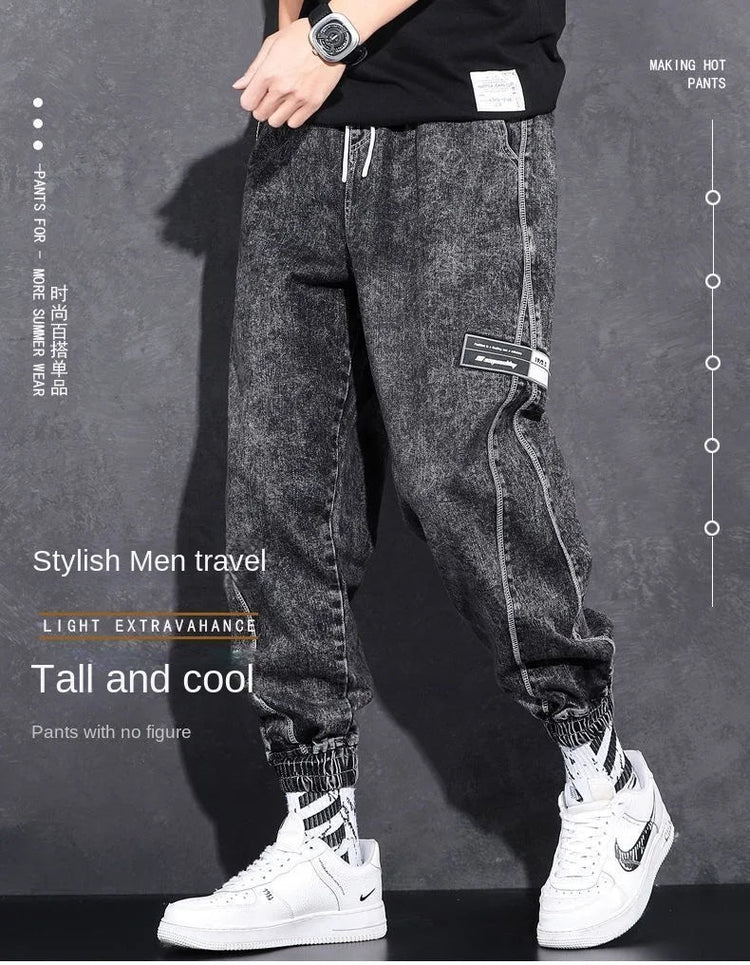 Loose Elastic Waist Denim Jeans for Men 2024 Fashion Casual Spring Workwear Foot-Tied Pants with Brand Workwear Baggy Trousers PlatiNum