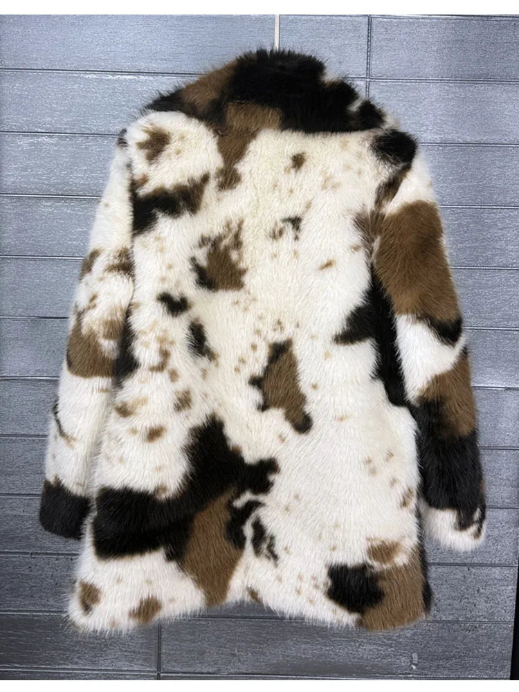 ZADORIN 2026 Chic Mid Long Cow Pattern Fluffy Faux Fur Coat Woman Lapel Loose Winter Fur Coats Woman Furry Jacket Fur Faux Coat