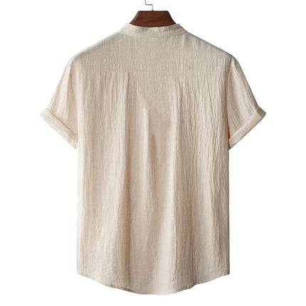 Men's Summer Cotton Linen T-Shirt, Beach Style, Short Sleeve, Henley Neck, for Vacations, Casual, Lightweight, Breathable and Comfortable