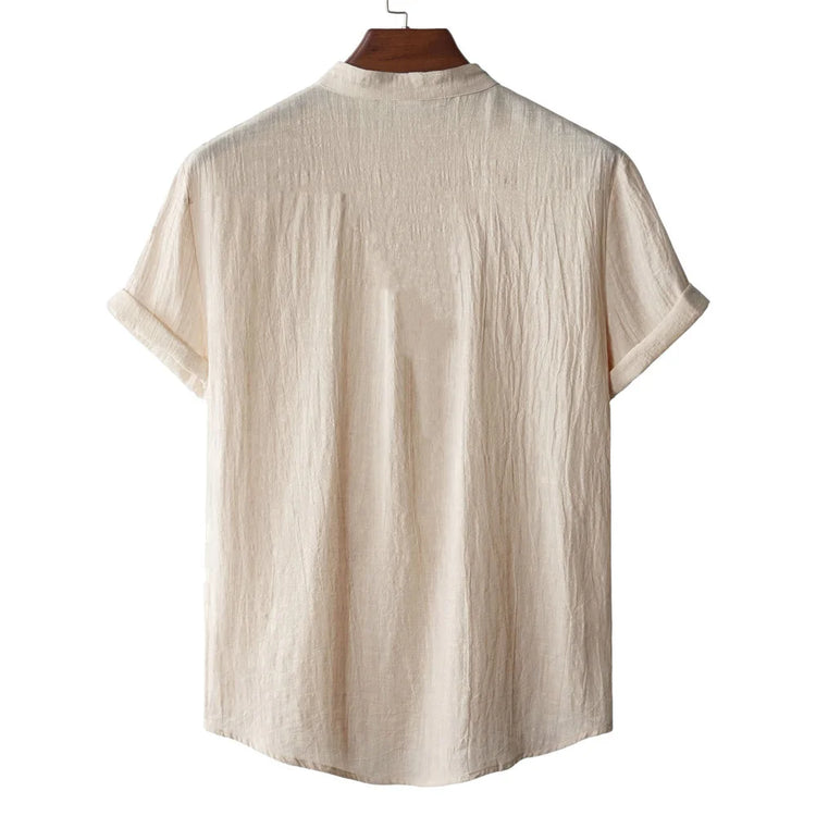 T-shirt Estiva da Uomo in Cotone e Lino, Stile Spiaggia, Manica Corta, Collo Henley, per Vacanze, Casual, Leggera, Traspirante e Confortevole