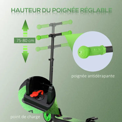Monopattino elettrico pieghevole per bambini dai 6 anni in su, velocità 8 km/h, 71x36.5x75-80cm, alluminio, acciaio, verde
