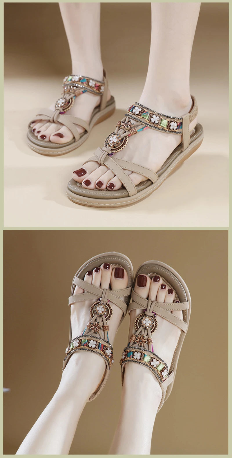 Summer 2025 Pomesian Rhinestones Comfortable And Casual Beach Flat Sandals For Women Ethnic Style Leisure Comfortable And Simple