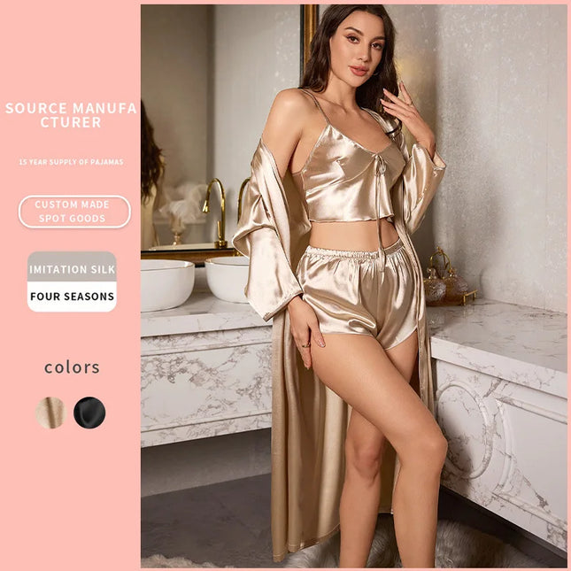 3-piece sexy women's pajamas women's nightgowns satin robes nightgown sling and dress