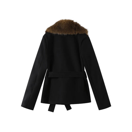 Shawl Faux Fur Women Coat Full Sleeve Woolen Lady Jacket 2025 Fashion Autumn Winter Lace Up Belted Waist Female Loose Outwears