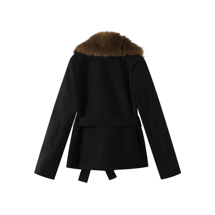 Shawl Faux Fur Women Coat Full Sleeve Woolen Lady Jacket 2025 Fashion Autumn Winter Lace Up Belted Waist Female Loose Outwears