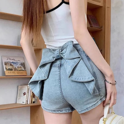 Women's Y2K Sexy Denim Shorts Petite High Waist Hip Lifting Shorts Slim Summer Hot Pants with 3D Bow Personality Detail