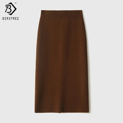 Birdtree,90.3% Sheep Wool 5.8% Cashmere Knitted Skirt,Woman Elastic Waist Straight Skirts,Autumn Rear Slit Maxi Skirt D5O728JF PlatiNum