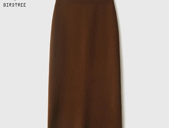 Birdtree,90.3% Sheep Wool 5.8% Cashmere Knitted Skirt,Woman Elastic Waist Straight Skirts,Autumn Rear Slit Maxi Skirt D5O728JF PlatiNum