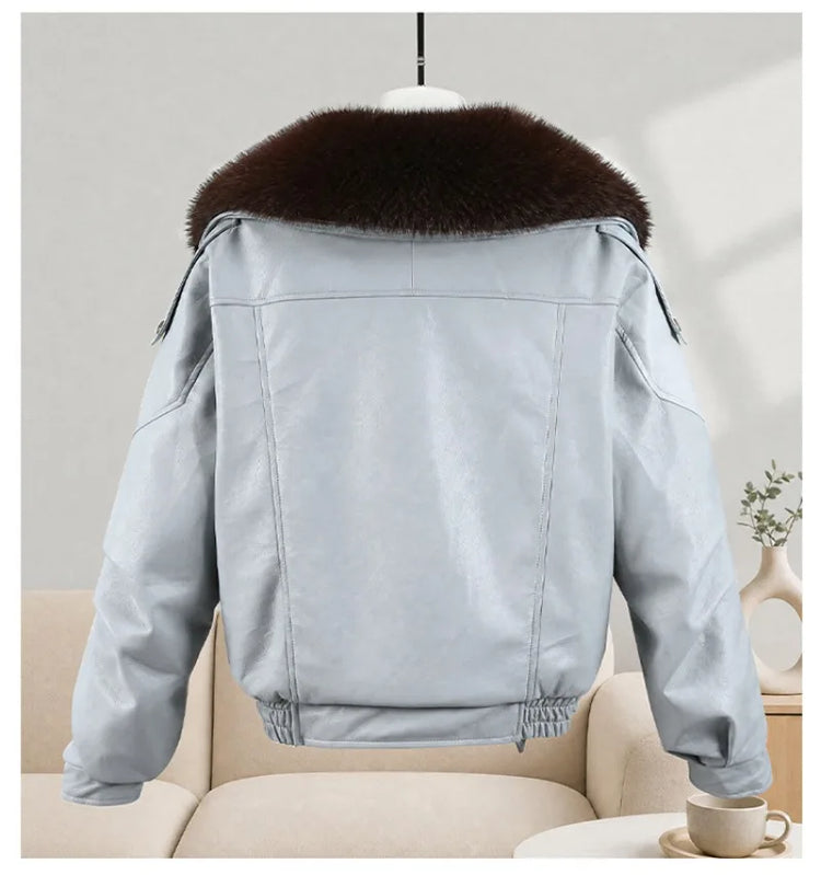 New Parkas Women Leather Jacket Big Fur Collar Tooling Cotton Jacket 2026 Winter Thicke Warm Cotton Padded Coat Female Outerwear