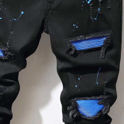 Men's Jeans Cool Ripped Skinny Trousers Stretch Slim Denim Pants Patchwork Hip Hop Black Blue Casual Jogging Jeans for Men PlatiNum