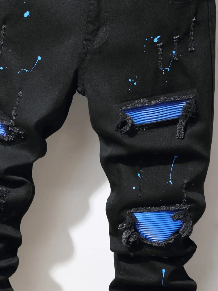 Men's Jeans Cool Ripped Skinny Trousers Stretch Slim Denim Pants Patchwork Hip Hop Black Blue Casual Jogging Jeans for Men PlatiNum