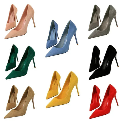 Donne 9 cm Tacchi alti Festa quotidiana Décolleté in pelle scamosciata colorata Scarpins femminili Stiletto Banchetto serale Rosso Giallo Scarpe Plus Size 34-43