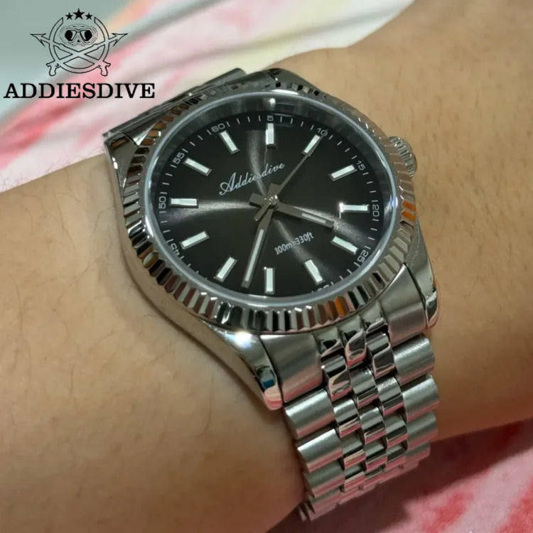 ADDIESDIVE 36mm Men Watch AD2073 BGW9 Luminous Jubilee Strap 10Bar Waterproof Sapphire Glass VH31 Movement Quartz Watches Reloj