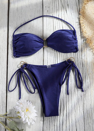Set Bikini a Fascia da Donna con Pieghe, Costume da Bagno Sexy con Laccetti, Bikini Brasiliano con Bendaggio, Abbigliamento da Spiaggia platinumshop