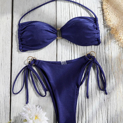 Set Bikini a Fascia da Donna con Pieghe, Costume da Bagno Sexy con Laccetti, Bikini Brasiliano con Bendaggio, Abbigliamento da Spiaggia platinumshop