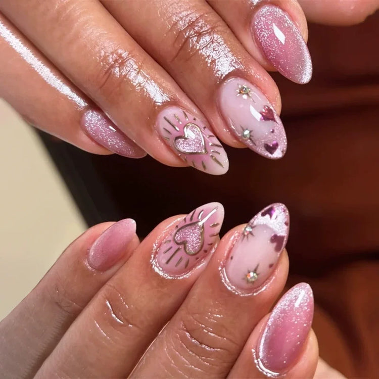 24Pcs Medium Almond Nude‑Pink 3D Textured Metallic Cat‑Eye French Sheer Press‑On False Nails For Nail Art Decor