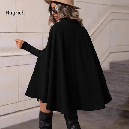 Ladies Mid Length Cape Coat Round Neck Double Breasted Metal Buttons Sleeveless Loose Cloak Outer Jacket For Party