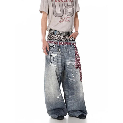 KEQI Jeans Blu da Uomo Y2k Gyaru Punk Oversize con Stampa 3D, Pantaloni in Denim Vintage Hiphop Grunge Baggy, Abbigliamento Alternativo