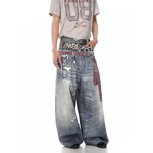 KEQI Men's Y2k Gyaru Punk Oversized Blue Jeans with 3D Print, Vintage Hiphop Grunge Baggy Denim Pants, Alternative Apparel