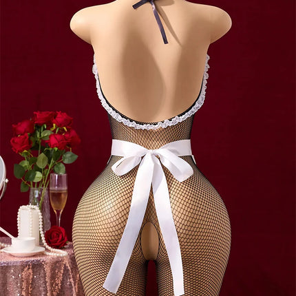 Erotic Open Bras Maid Baby Dolls Dress With Exposed Breast Sexy Crotchless Lingerie Sets Women Fishnet Hollow Full Bodystockings
