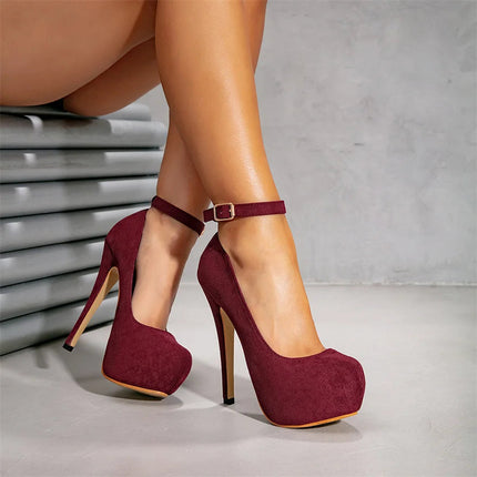 Big Size 36-47 Soft Flock Office Shoes Women Pumps 2026 Buckle Round Toe Super High Heels 14.5CM Sexy Platform Party Shoes Woman PlatiNum