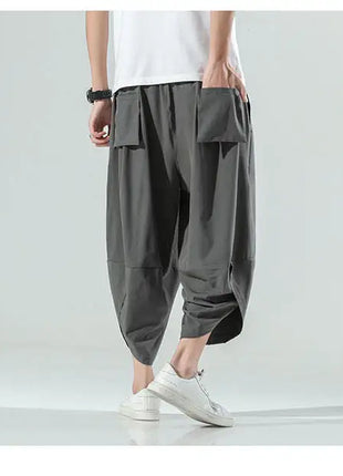 Pantaloncini Estivi da Uomo Stile Cinese Harajuku, Pantaloni Harem Oversize, Pantaloni Vintage Traspiranti a Tinta Unita, Lunghezza al Polpaccio